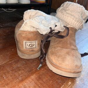 UGG Chestnut Suede Knit-Cuff Ankle Boots with Cream Knit